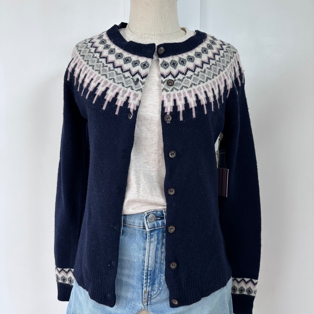 Cambridge Dry Goods‎ Lambswool Blend Fair Isle Cardigan Sweater Navy Blue Small